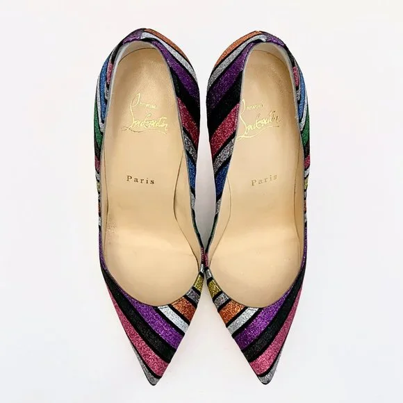 Christian Louboutin Pigalle Follies 100 Striped Glitter Pumps Rainbow Multicolor - Picture 6 of 14